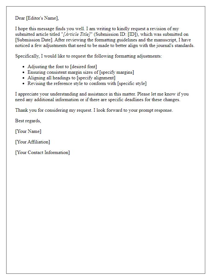 Letter template of article revision request for formatting adjustments.