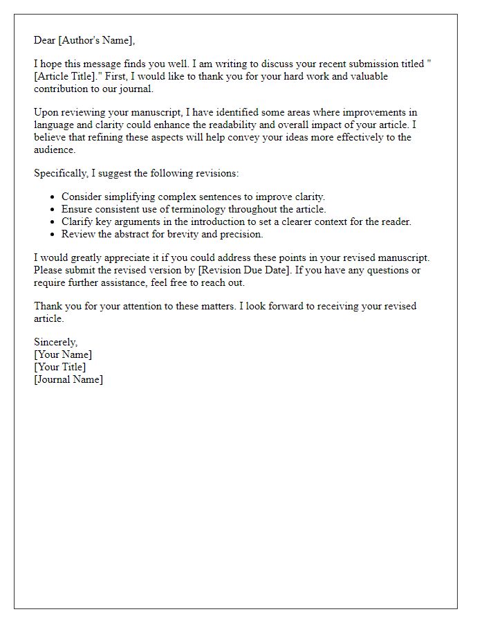 Letter template of article revision request for language and clarity improvements.