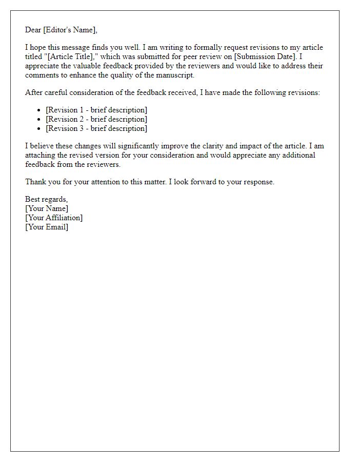 Letter template of article revision request for peer review feedback.