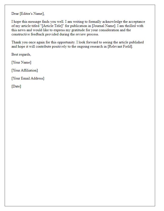 Letter template of response to editor's acceptance of article.