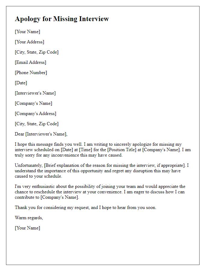 Letter template of sincere apology for missing an interview