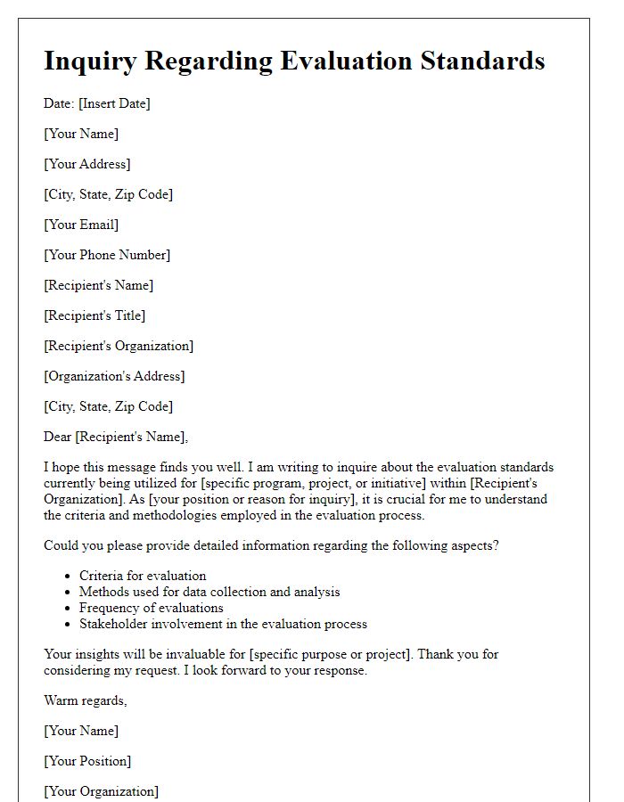 Letter template of inquiry regarding evaluation standards