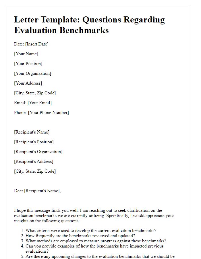 Letter template of questions regarding evaluation benchmarks