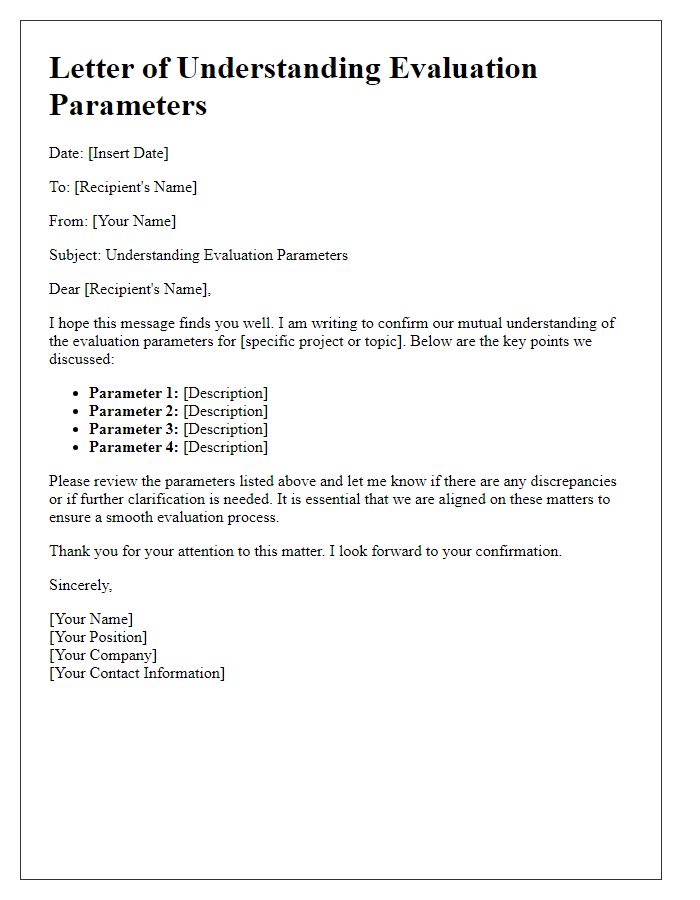 Letter template of understanding evaluation parameters