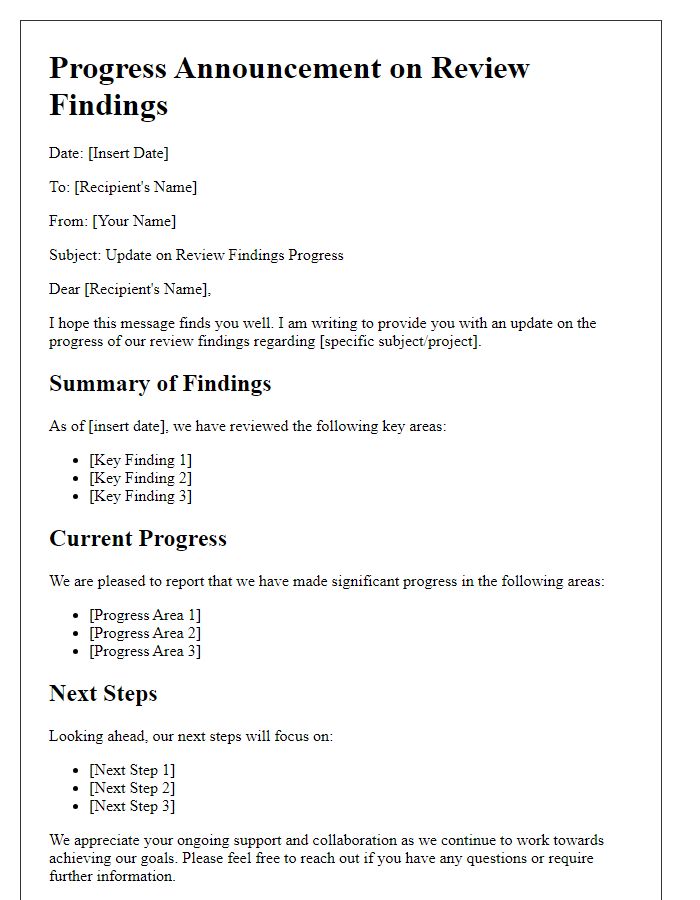 Letter template of review findings progress announcement