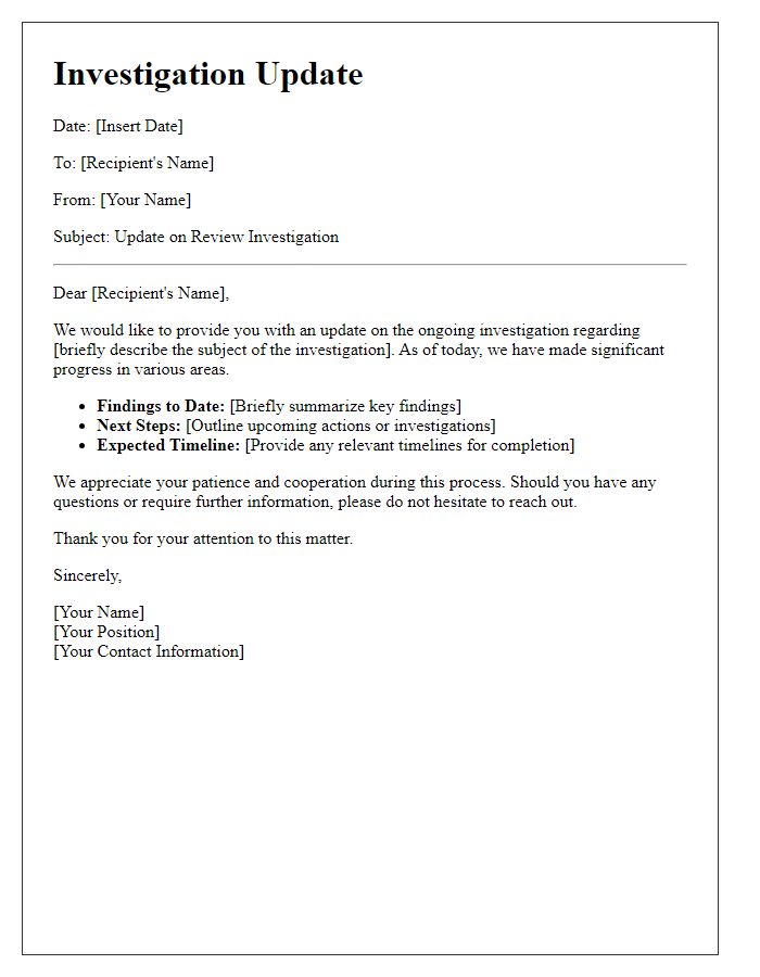 Letter template of review investigation update