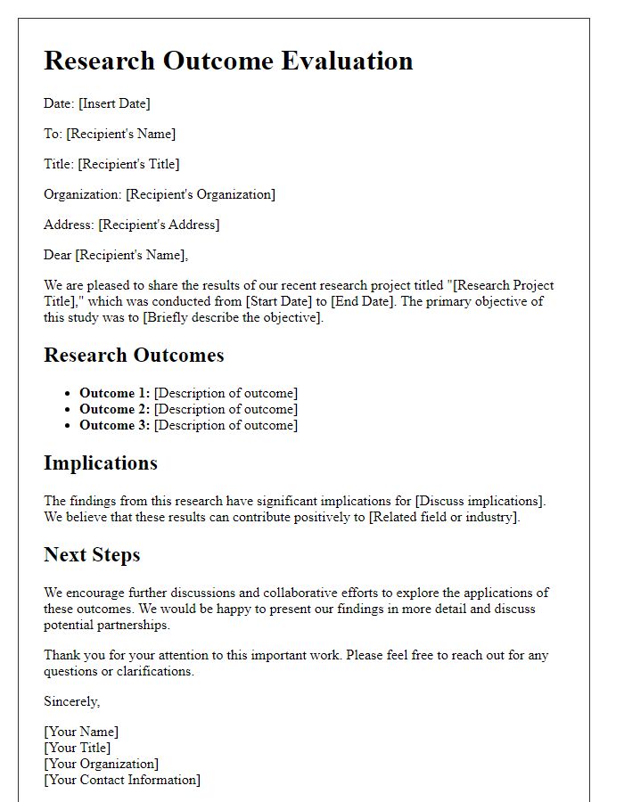 Letter template of research outcome evaluation