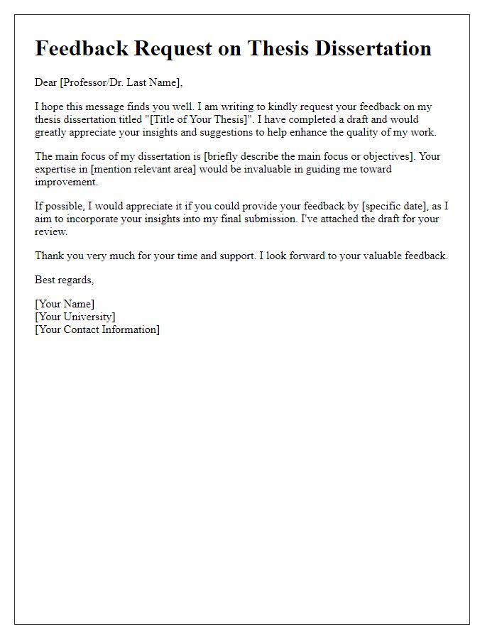 Letter template of feedback request on thesis dissertation.