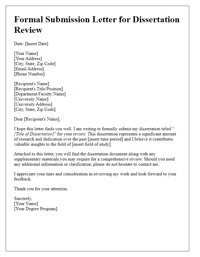 Letter template of formal submission for dissertation review.