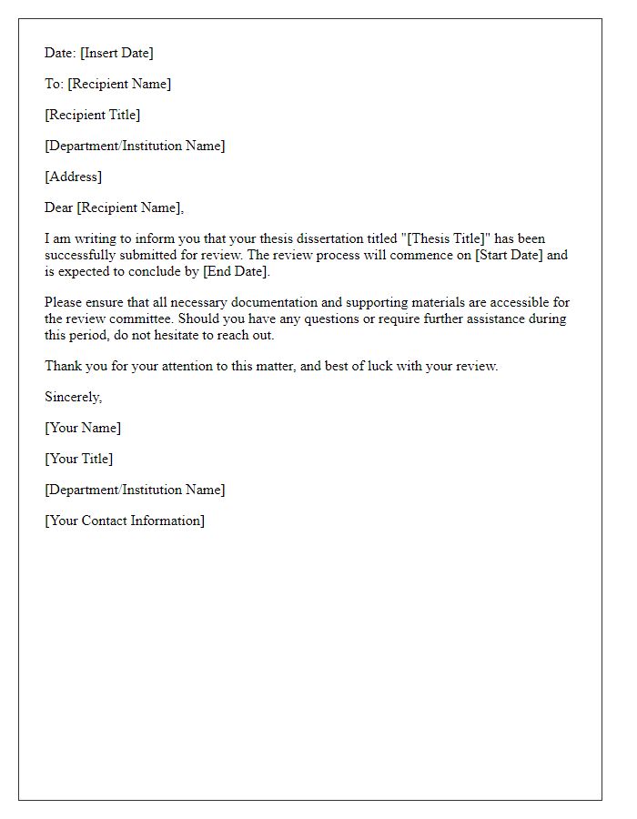 Letter template of notification for thesis dissertation review.