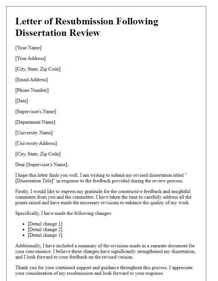 Letter template of resubmission following dissertation review.