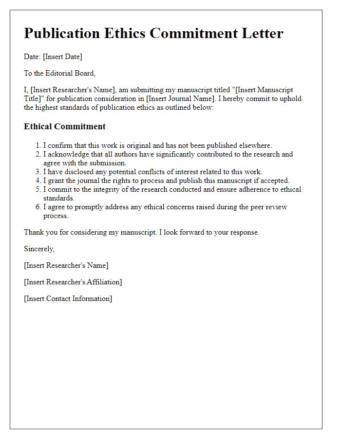 Letter template of publication ethics commitment for researchers.