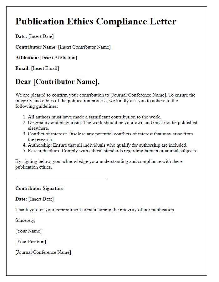 Letter template of publication ethics compliance for contributors.