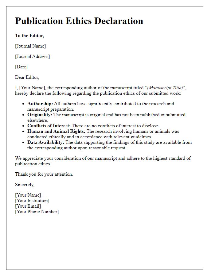 Letter template of publication ethics declaration for journals.