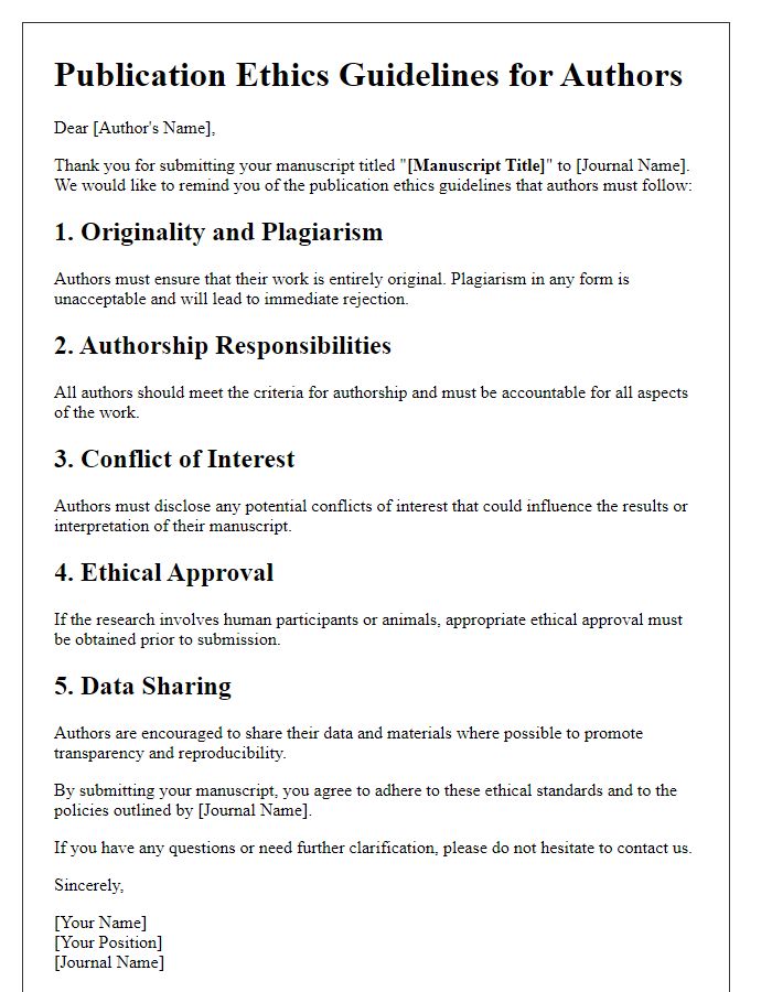 Letter template of publication ethics guidelines for authors.