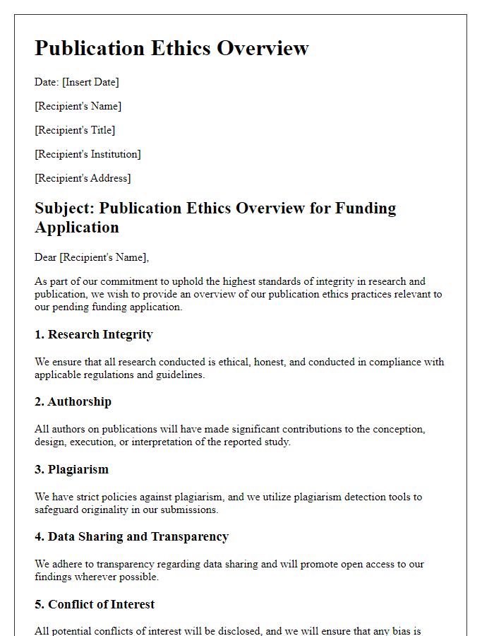 Letter template of publication ethics overview for funding applications.