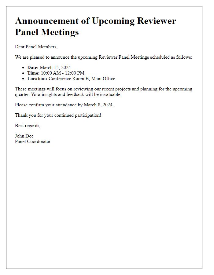 Letter template of announcement for upcoming reviewer panel meetings.