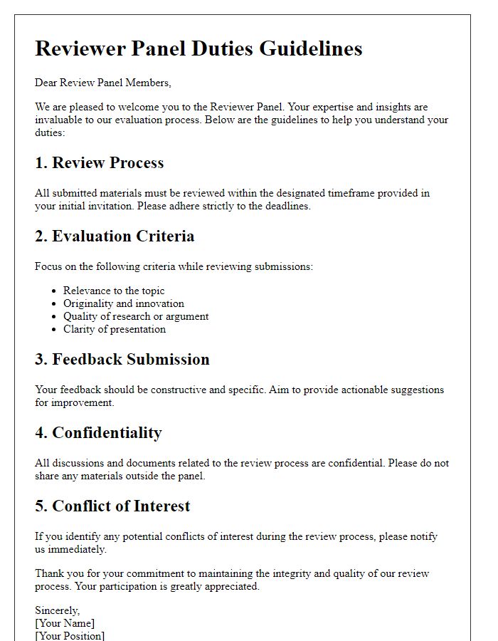 Letter template of guidelines for reviewer panel duties.