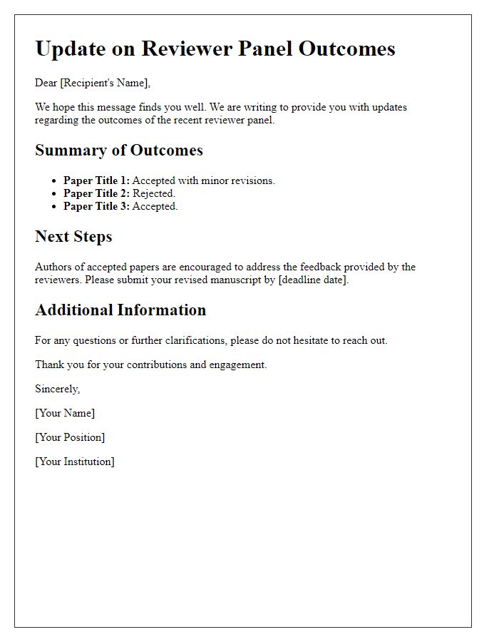 Letter template of updates on reviewer panel outcomes.