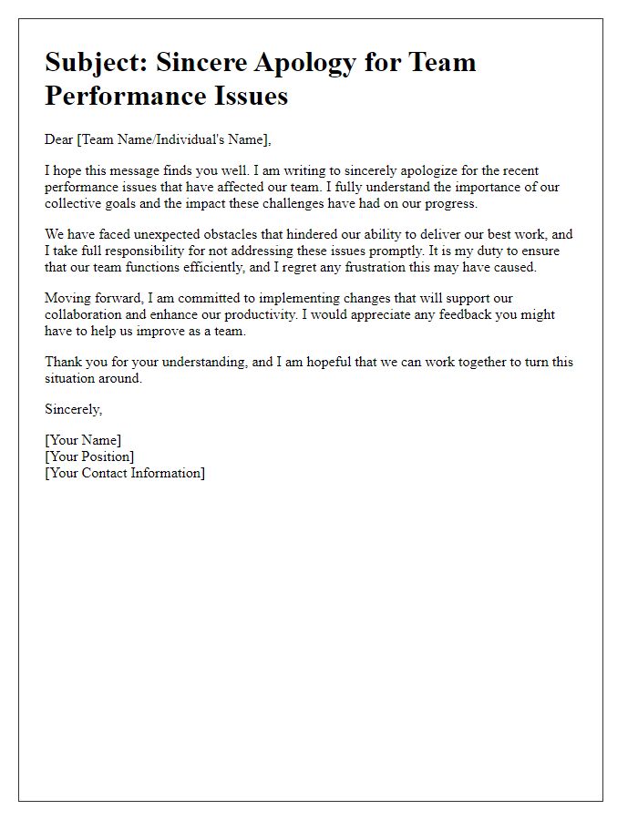 Letter template of sincere apology for team performance issues.