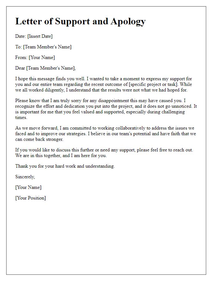 Letter template of support and apology for team outcome.