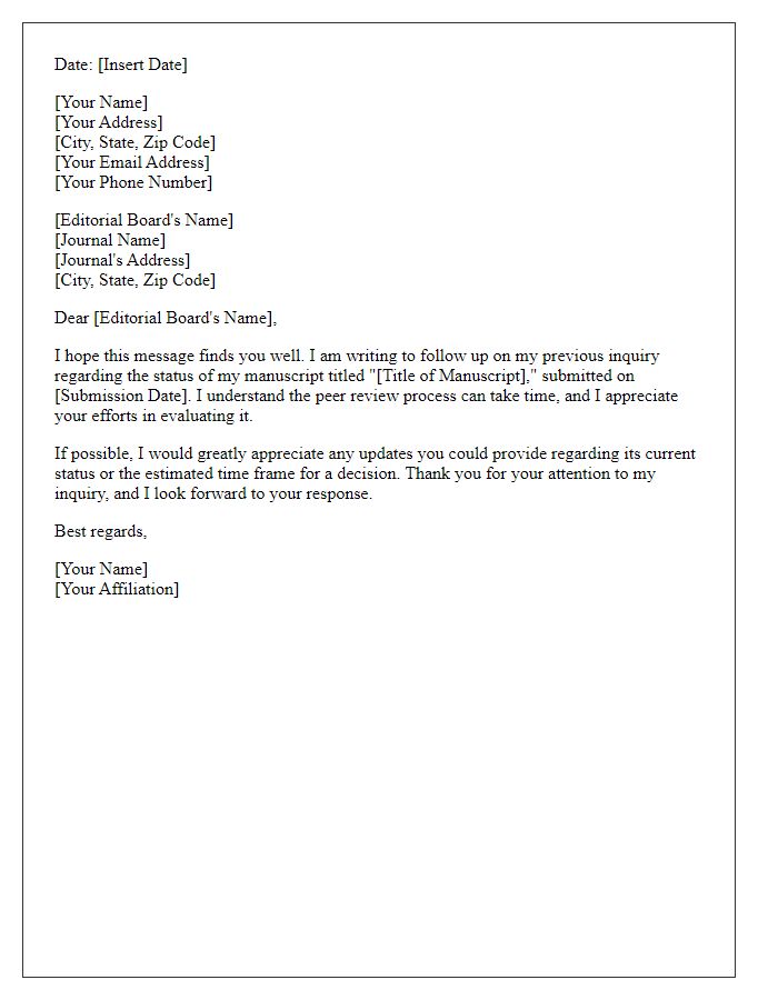Letter template of follow-up regarding editorial board inquiry to a journal