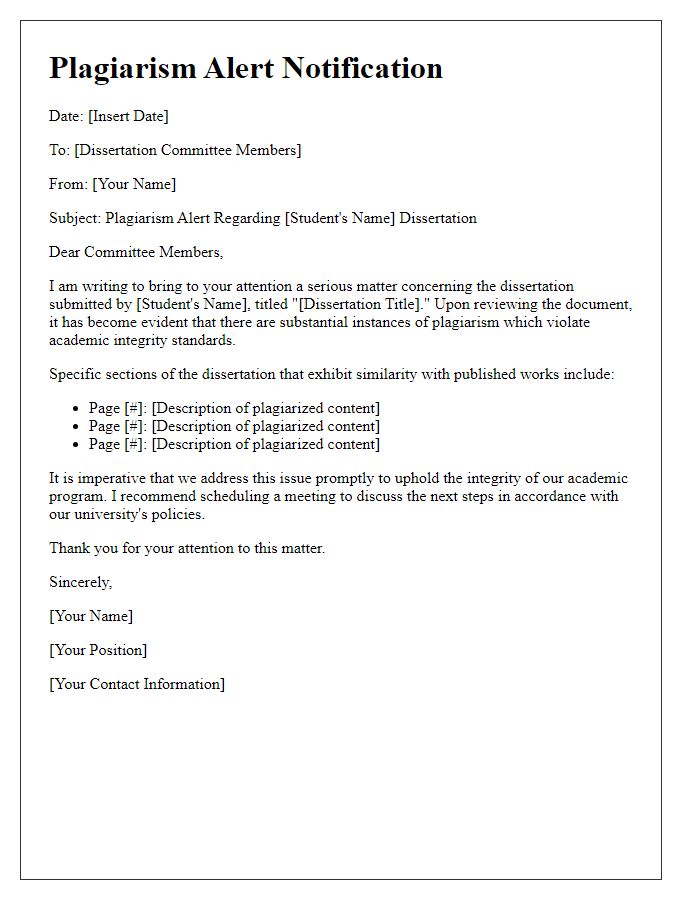 Letter template of plagiarism alert for dissertation committee.