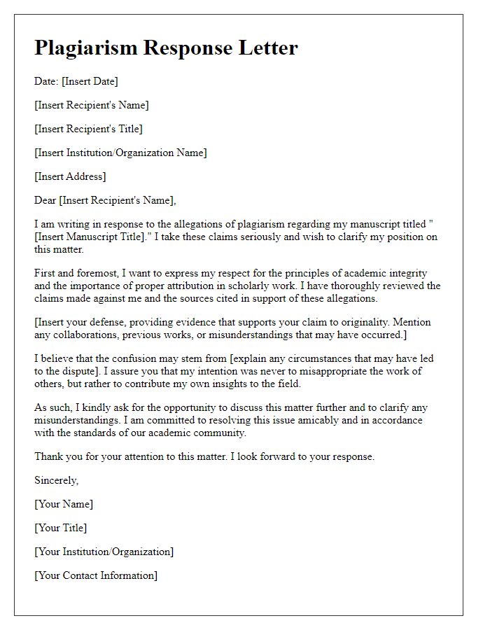 Letter template of plagiarism response for authorship dispute.