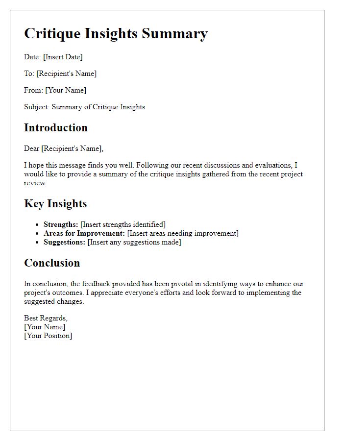 Letter template of critique insights summary