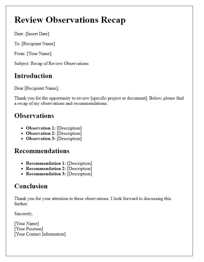 Letter template of review observations recap