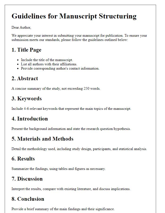 Letter template of guidelines for manuscript structuring