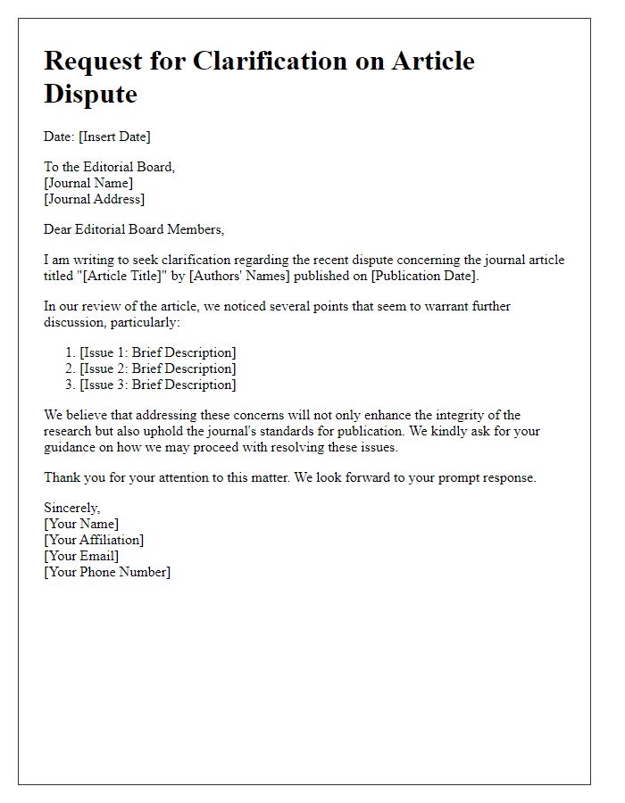 Letter template of clarity sought in journal article disputes.