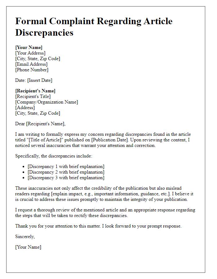 Letter template of formal complaint regarding article discrepancies.