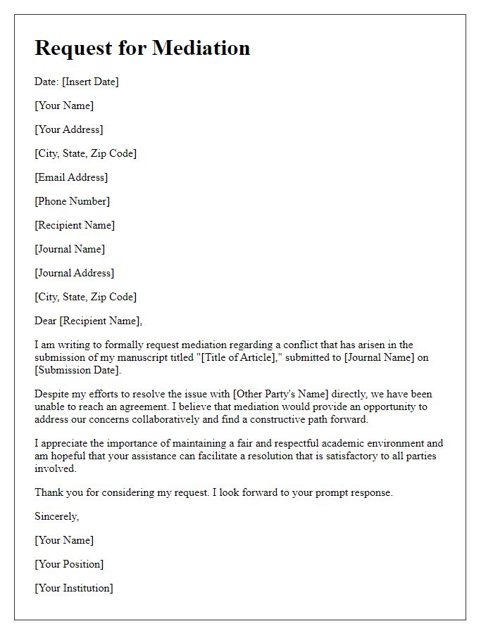 Letter template of request for mediation in journal article conflict.