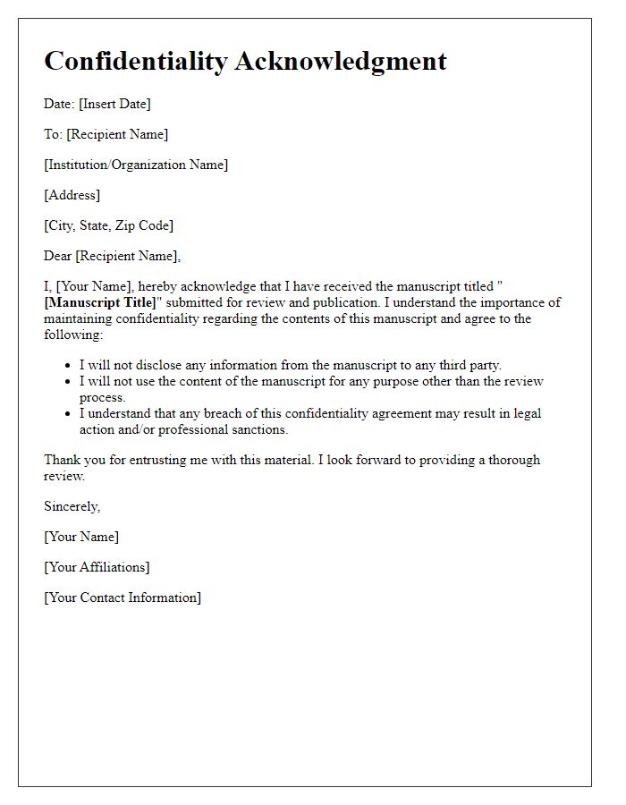 Letter template of manuscript confidentiality acknowledgment