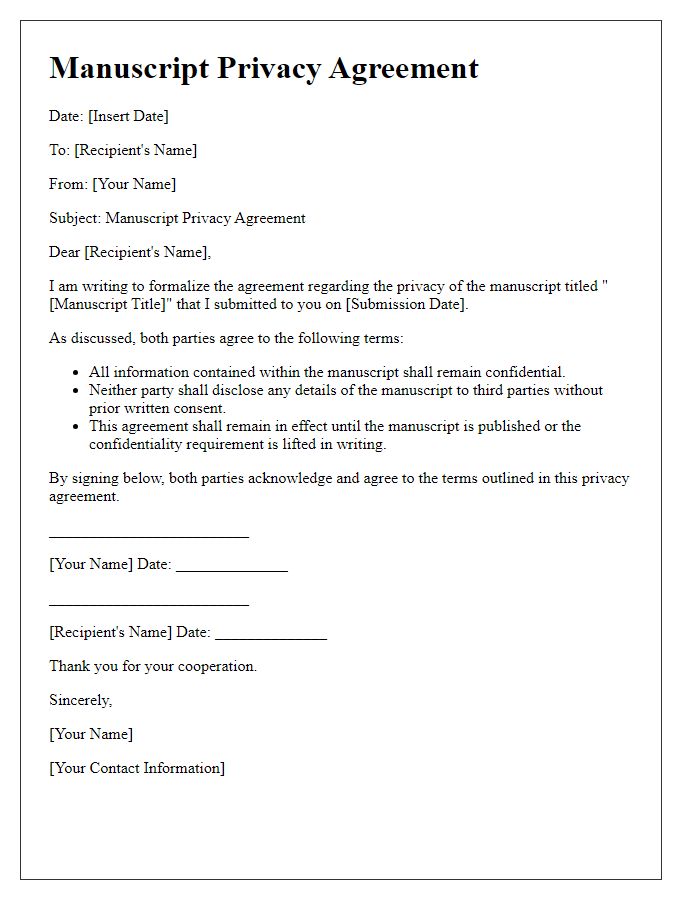 Letter template of manuscript privacy agreement