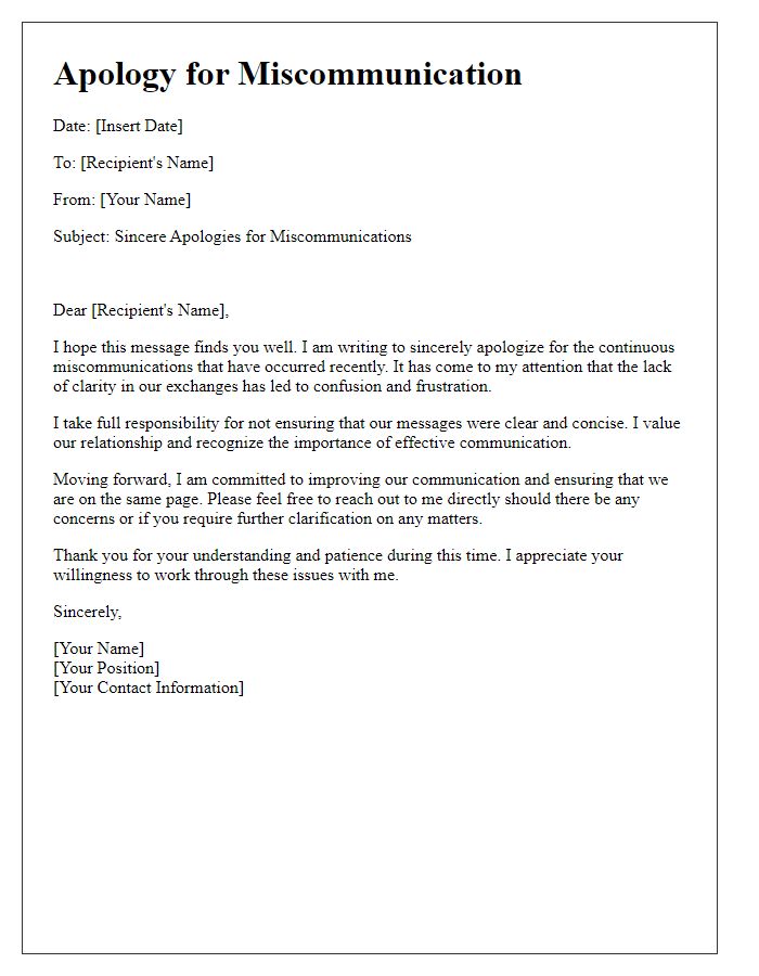 Letter template of sincere apologies for continuous miscommunications.