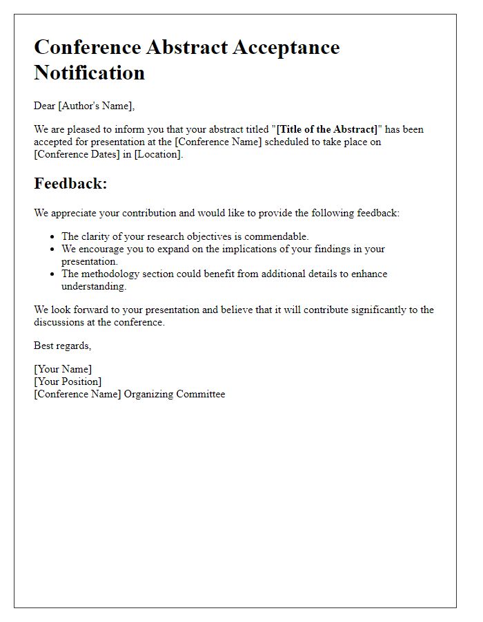 Letter template of conference abstract acceptance with feedback