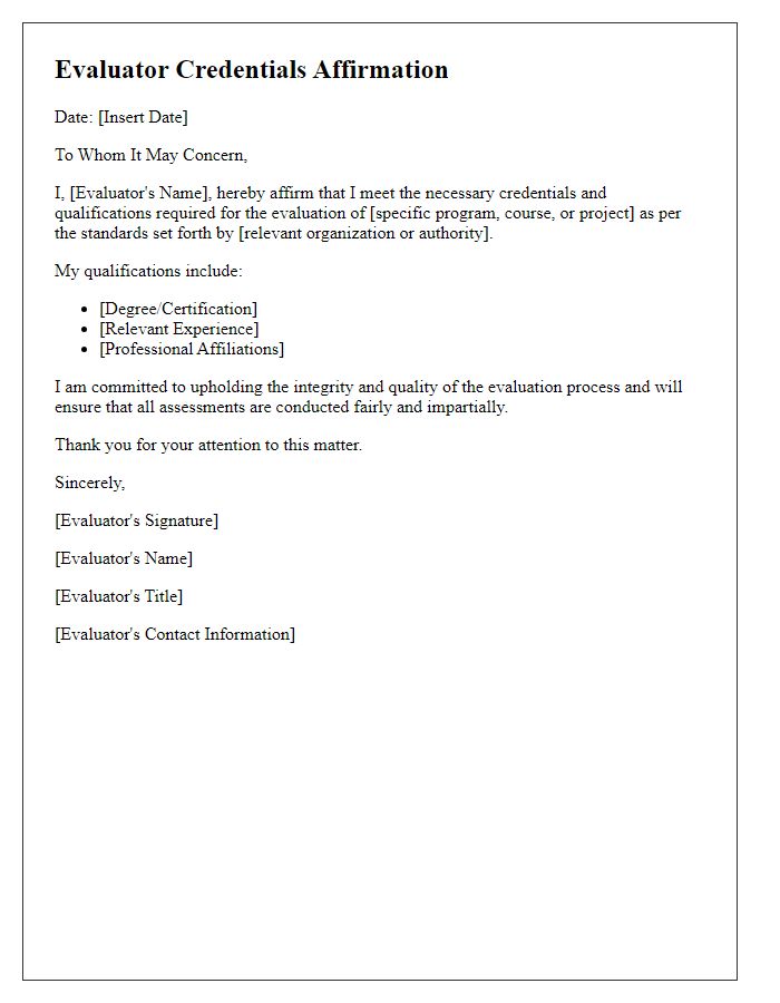 Letter template of evaluator credentials affirmation