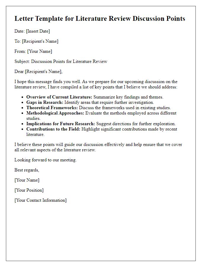 Letter template of discussion points for literature review