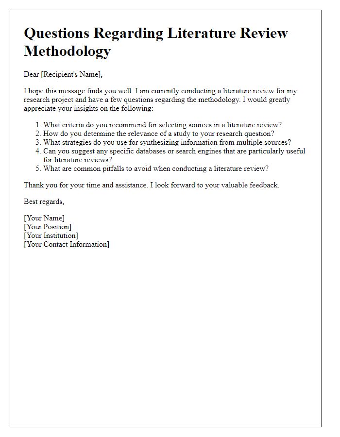 Letter template of questions about literature review methodology