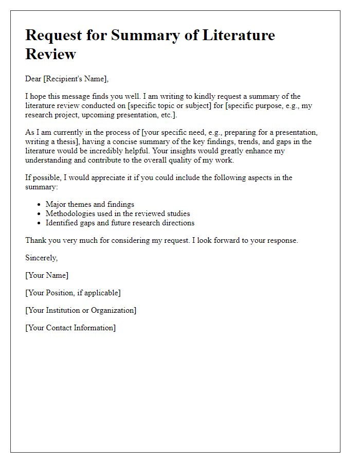 Letter template of summary request concerning literature review