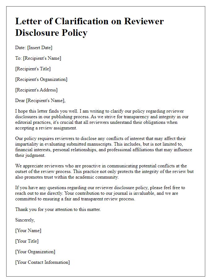 Letter template of clarification on reviewer disclosure policy