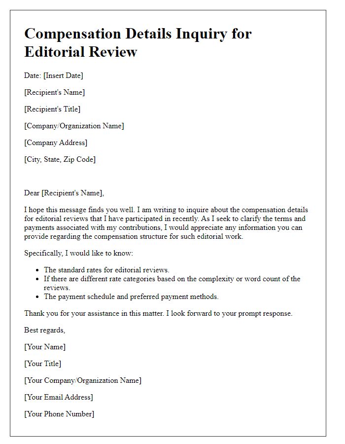 Letter template of compensation details inquiry for editorial reviews