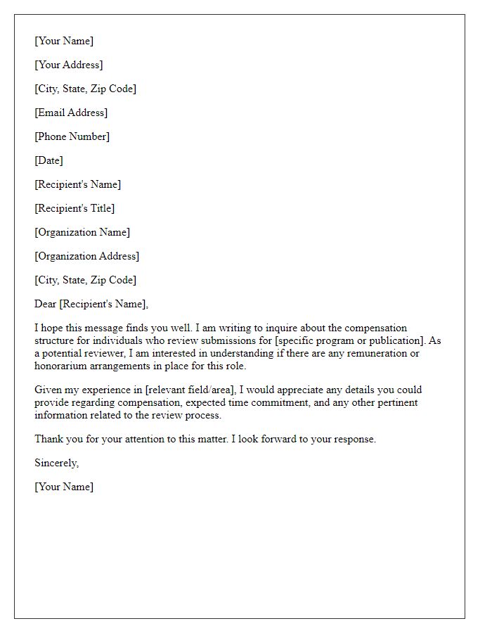 Letter template of inquiry regarding compensation for reviewing submissions