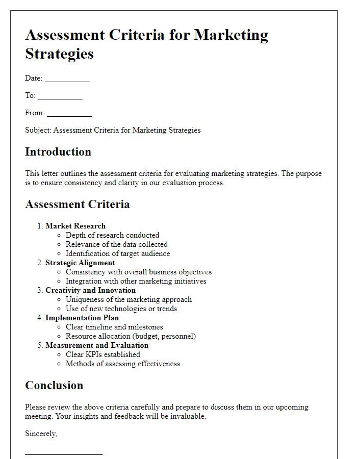 Letter template of assessment criteria for marketing strategies.