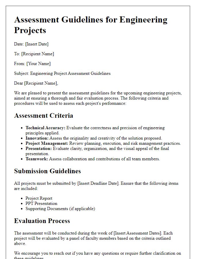 Letter template of assessment guidelines for engineering projects.