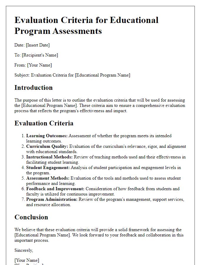 Letter template of evaluation criteria for educational program assessments.