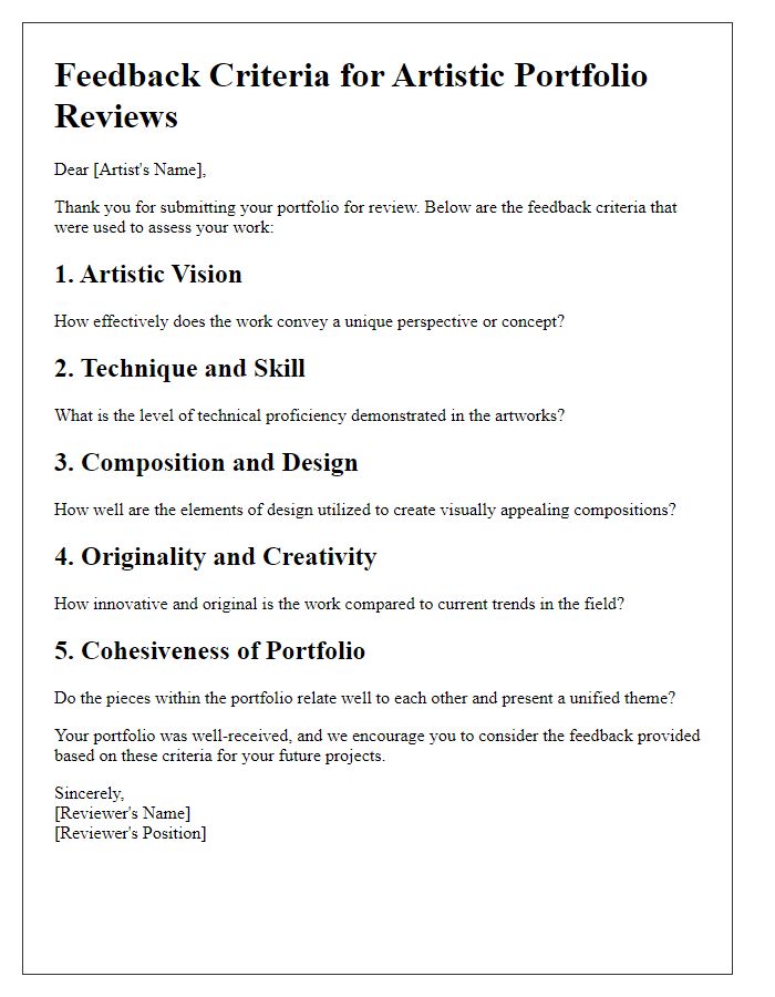 Letter template of feedback criteria for artistic portfolio reviews.