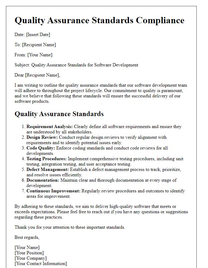 Letter template of quality assurance standards for software development.